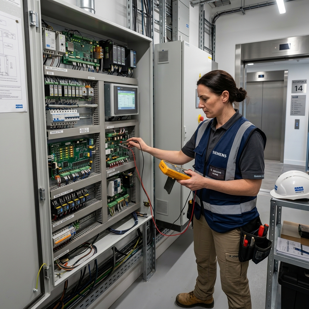 Elevator Engineer Inspecting Control System